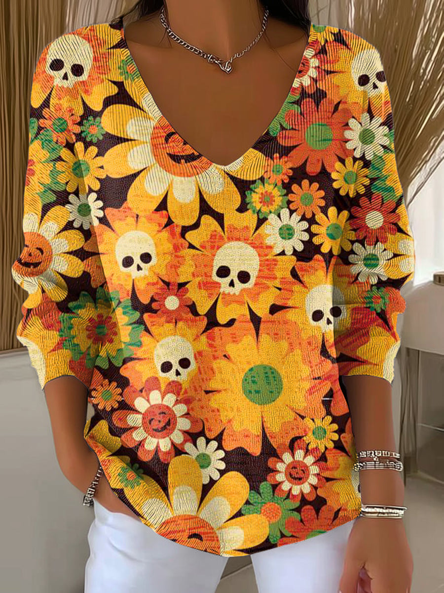 womens-beautiful-halloween-floral-art-print-casual-pullover-sweater