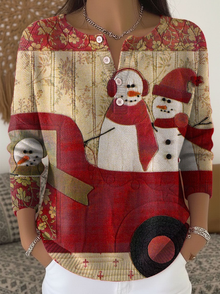 Women's Christmas Snowman Pattern Art Print Buttoned Cardigan Sweater