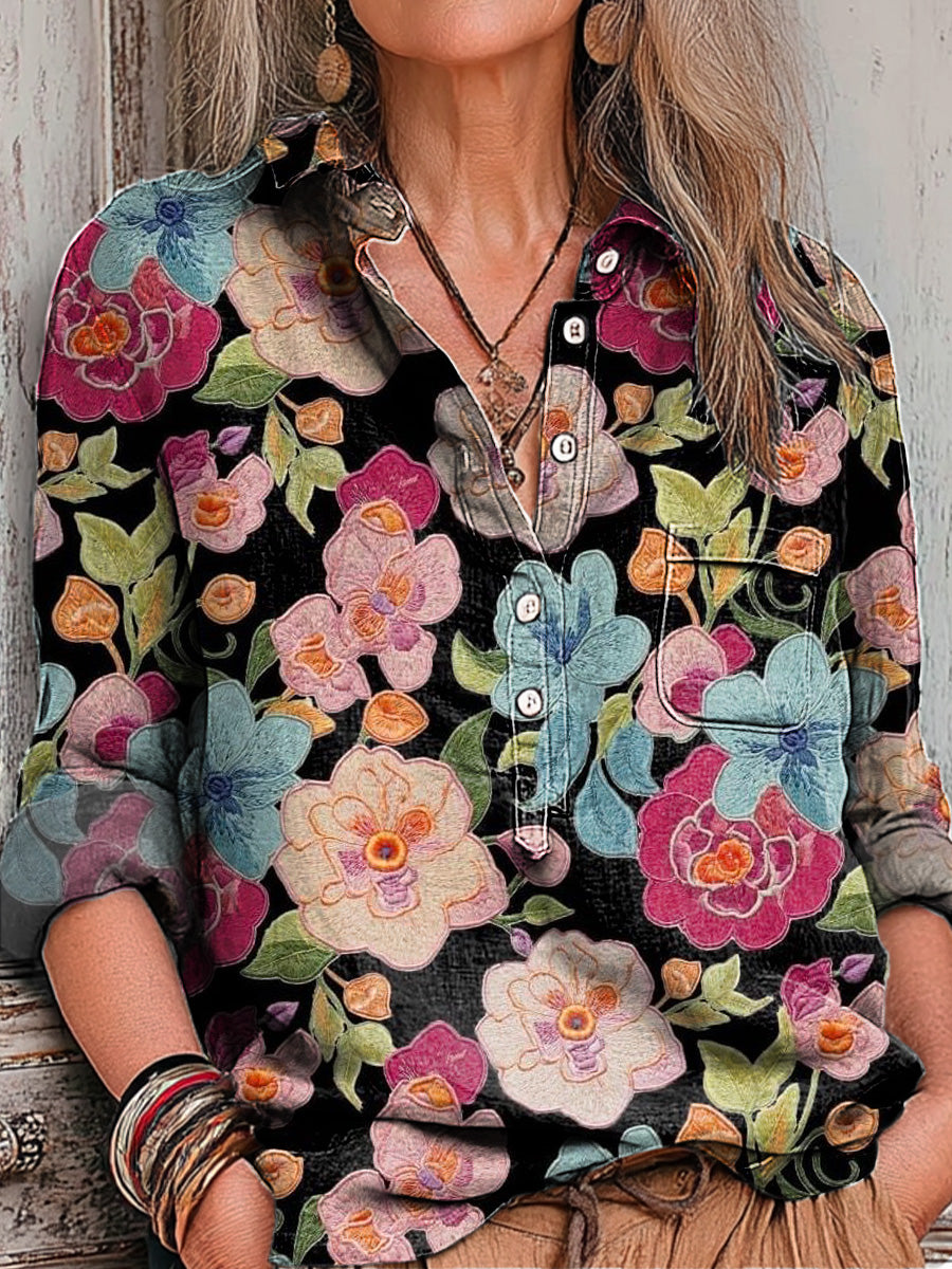 Women's Vintage Multicolor Large Flower Painting Art Print Casual Cotton And Linen Shirt