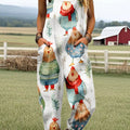 Women's Vintage Farm Animal Chicken Art Print Casual 100% Cotton Wide Leg Jumpsuit