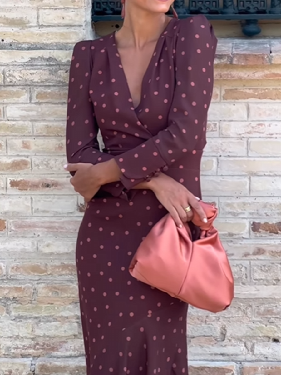 Retro Elegant V-neck Polka Dot Print Midi Dress