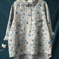 Vintage Blue Rose Repeat Pattern Printed Women's Casual Cotton And Linen Shirt