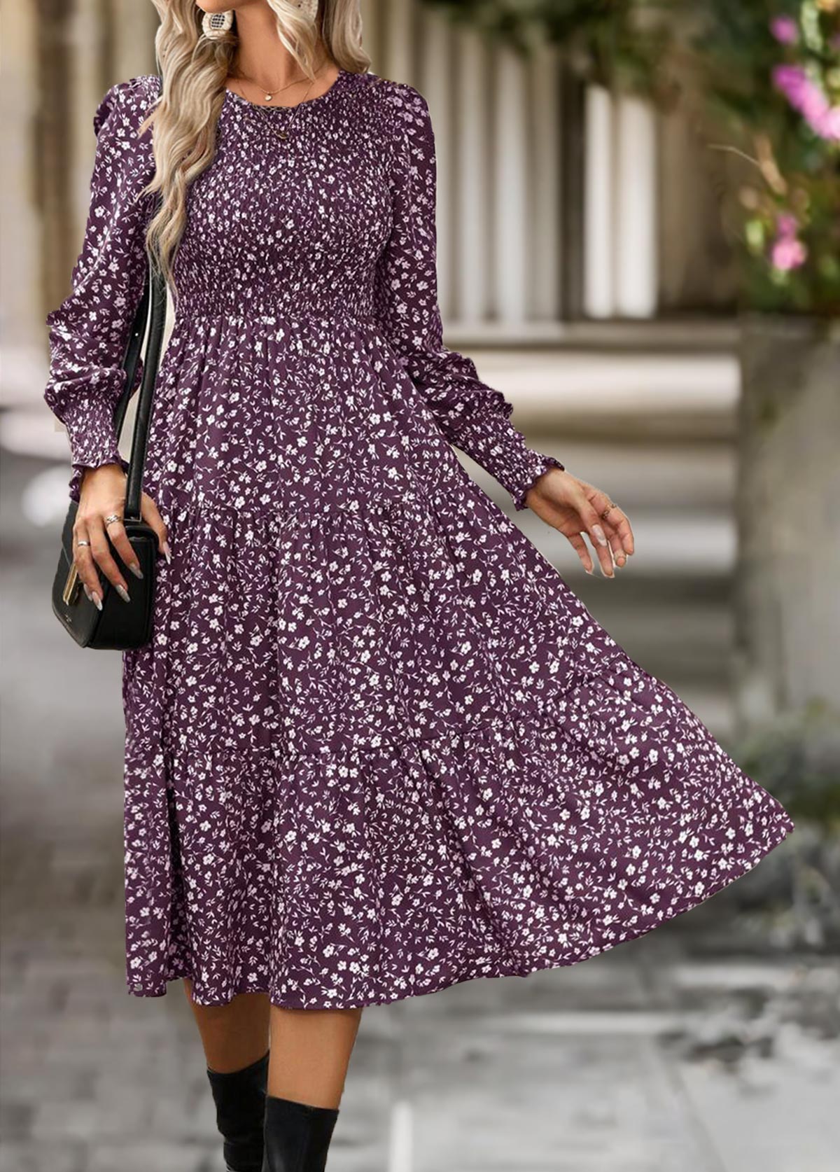 Purple Tummy Coverage Ditsy Floral Print Long Sleeve Dress