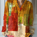 Women's Vintage  Abstract Geometry Art Print Casual Cotton And Linen Ruffle Shirt
