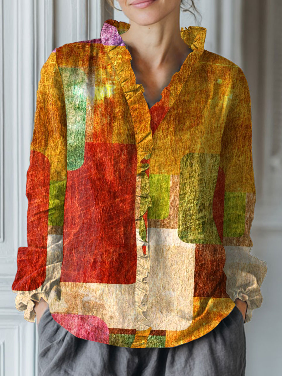 Women's Vintage  Abstract Geometry Art Print Casual Cotton And Linen Ruffle Shirt
