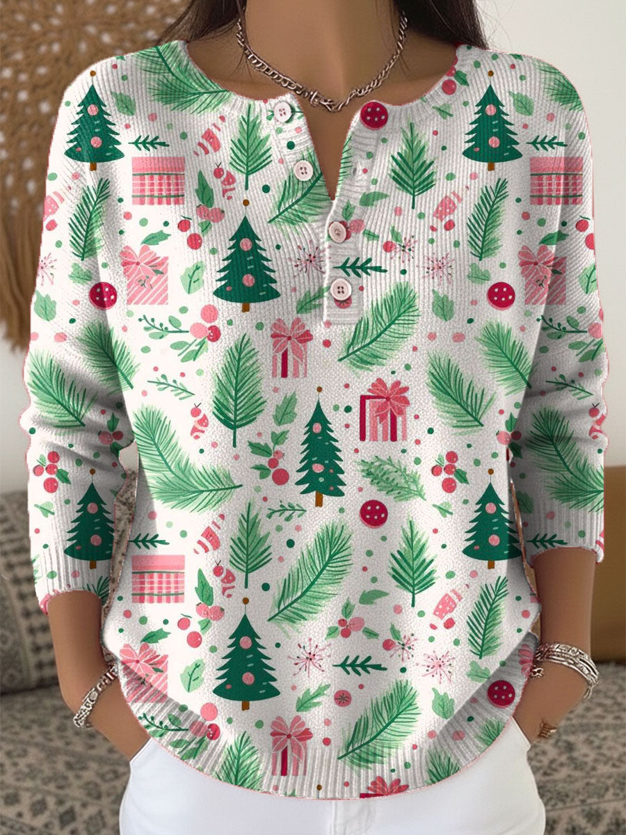 Women's Christmas Tree Art Print Buttoned Cardigan Sweater
