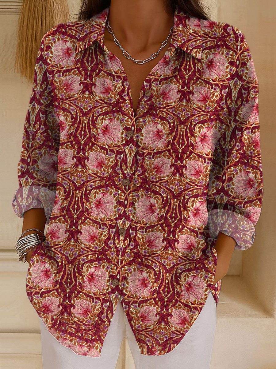 Women's  Vintage Flower Art Print Casual Cotton Shirt