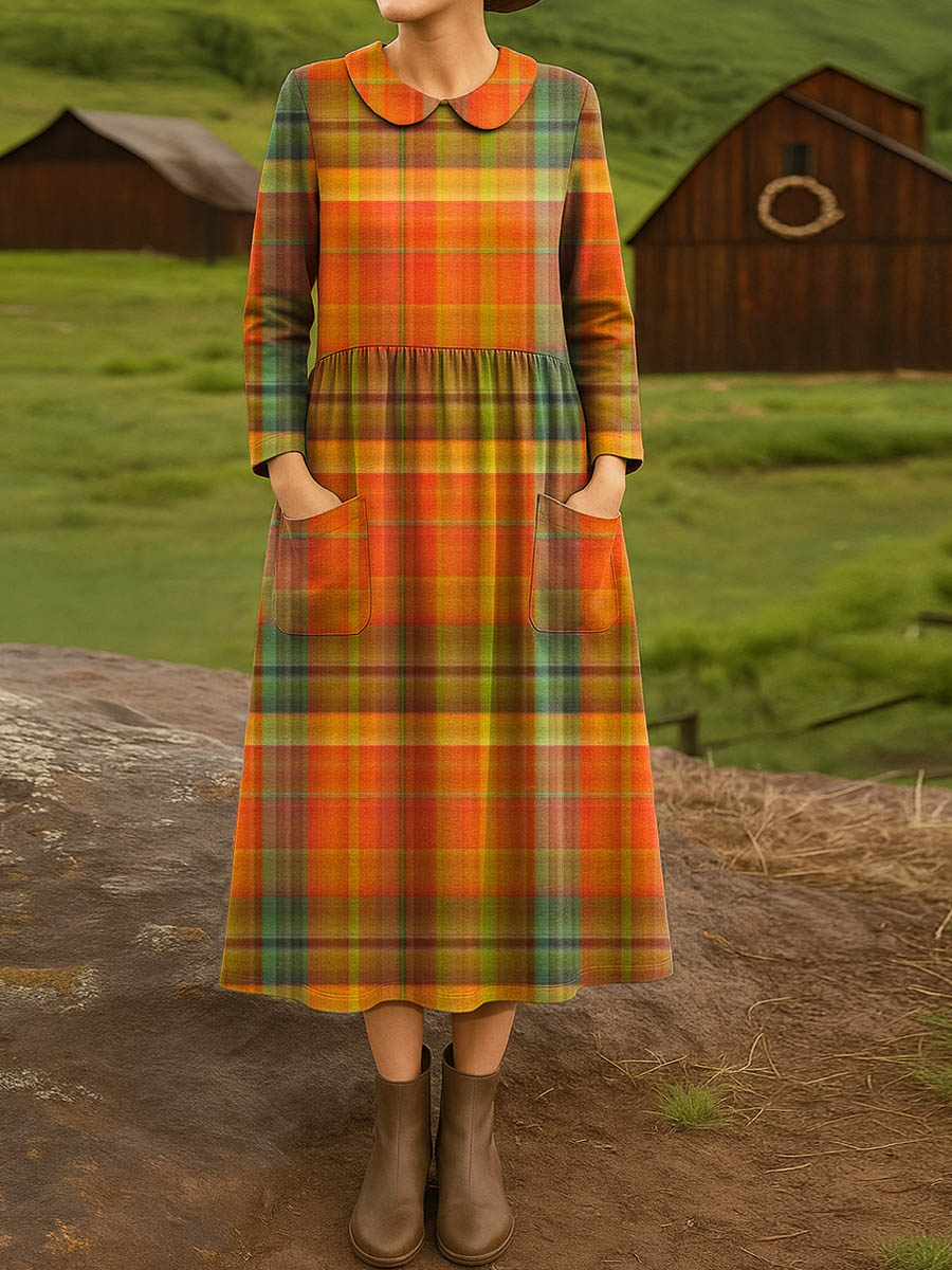 Women's Vintage Plaid Pattern Art Print Cotton Lapel Shirt Dress