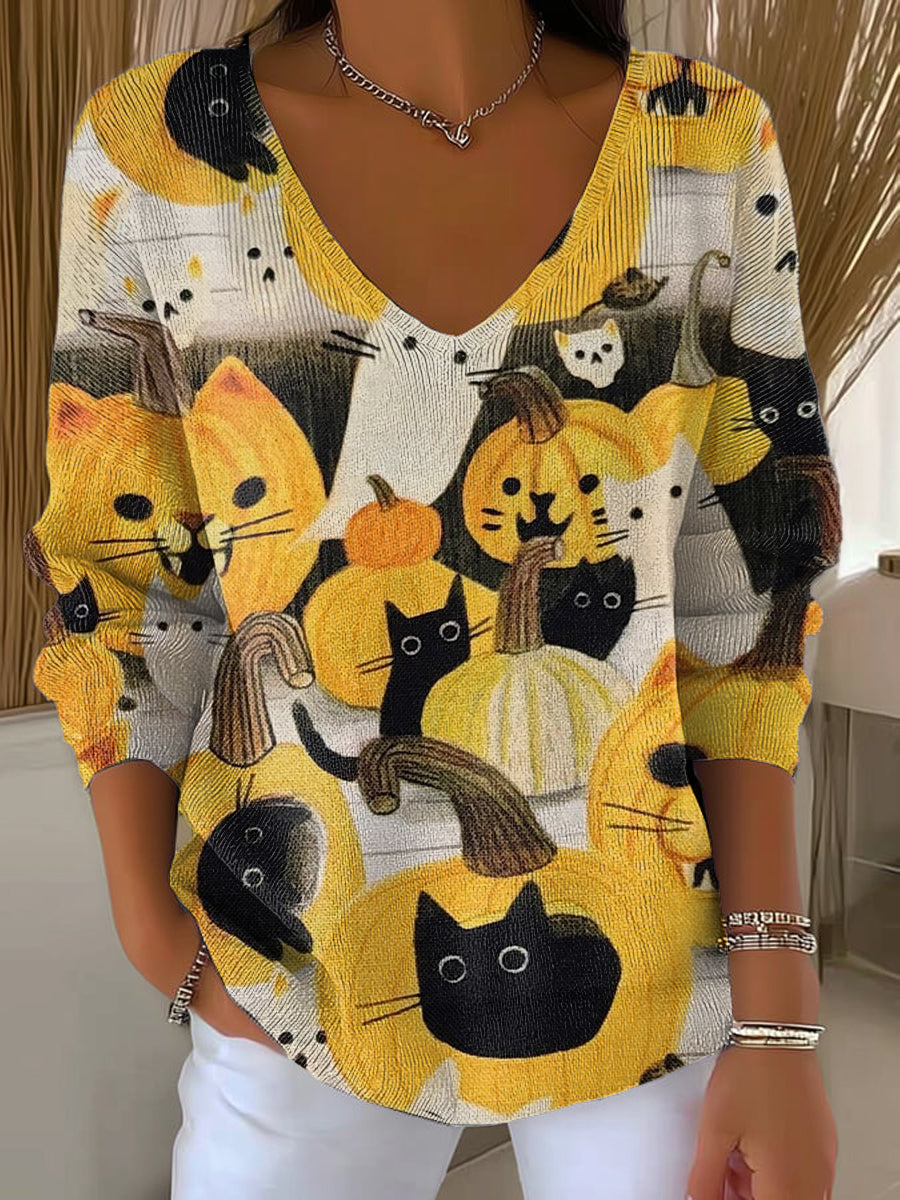 womens-halloween-pumpkin-cat-drawing-art-print-casual-pullover-sweater