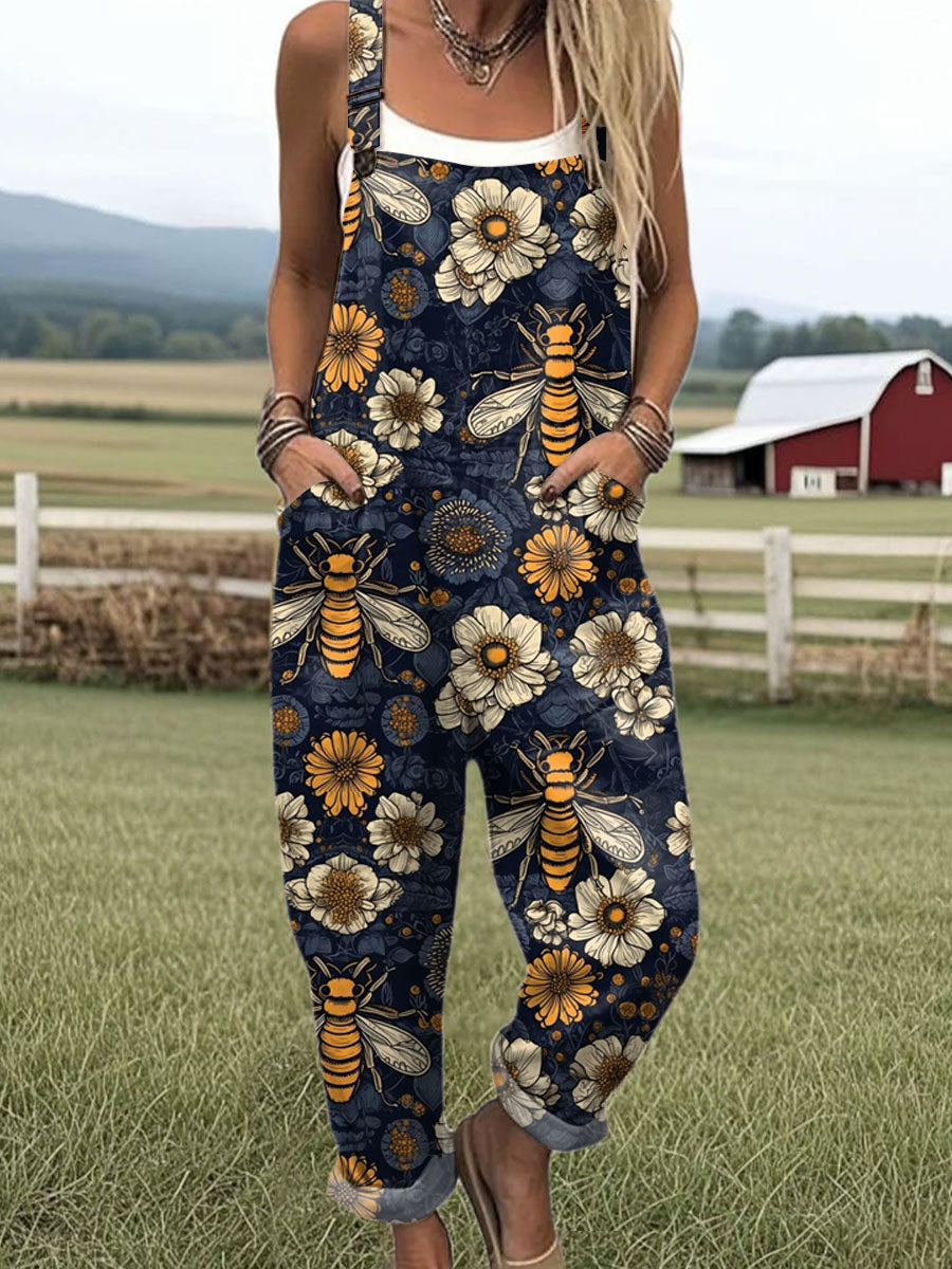 Women's Funny Bee Art Print Casual 100% Cotton Wide Leg Jumpsuit
