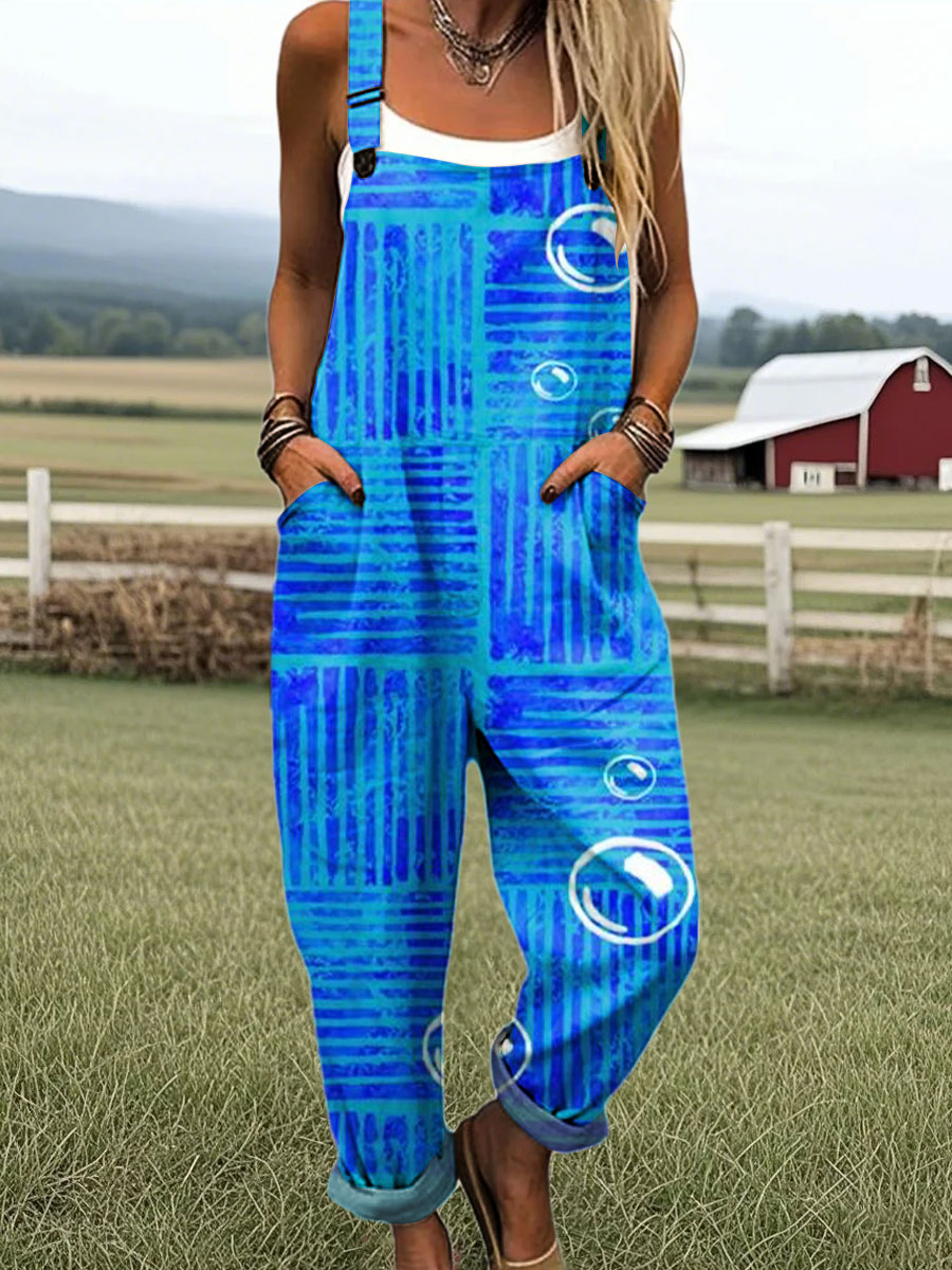 Women's Fashion Color Block Line Art Print Casual 100% Cotton Wide Leg Jumpsuit