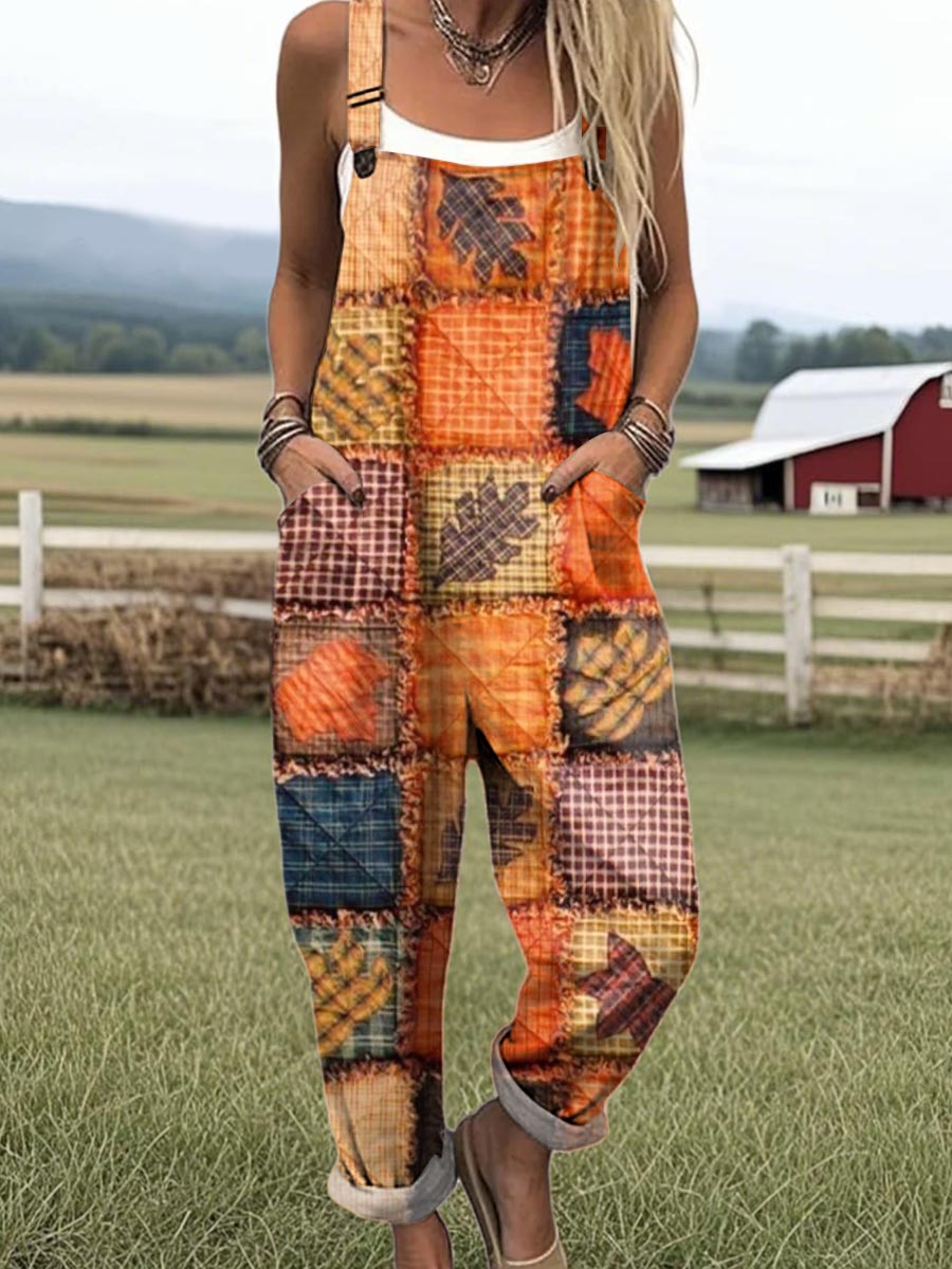 Women's Vintage Maple Pattern Art Print Casual 100% Cotton Wide Leg Jumpsuit