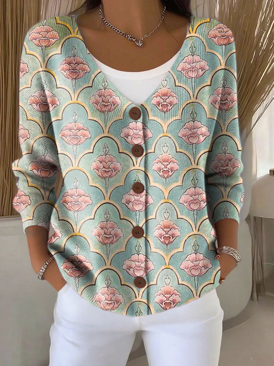 Ethnic Pattern Print Buttoned V-neck Cardigan Sweater