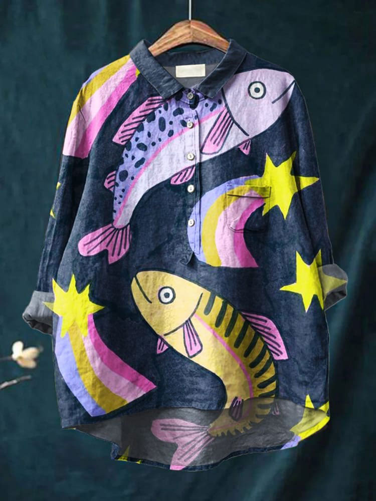 Women's Star Fish Print Casual Cotton And Linen Shirt