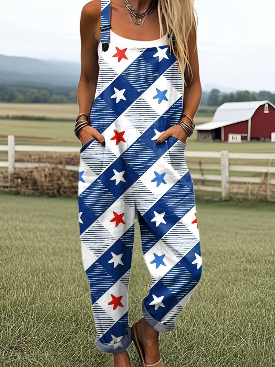 Women's Fashion Star Art Print Casual 100% Cotton Wide Leg Jumpsuit