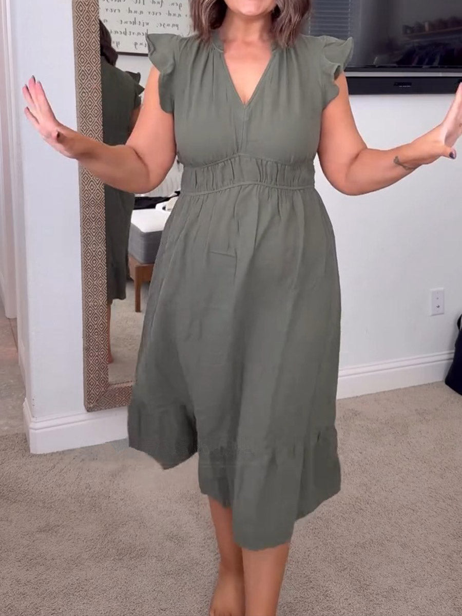 Women's Solid Color V-Neck Flying Sleeve Elastic Waist A-Line Dress