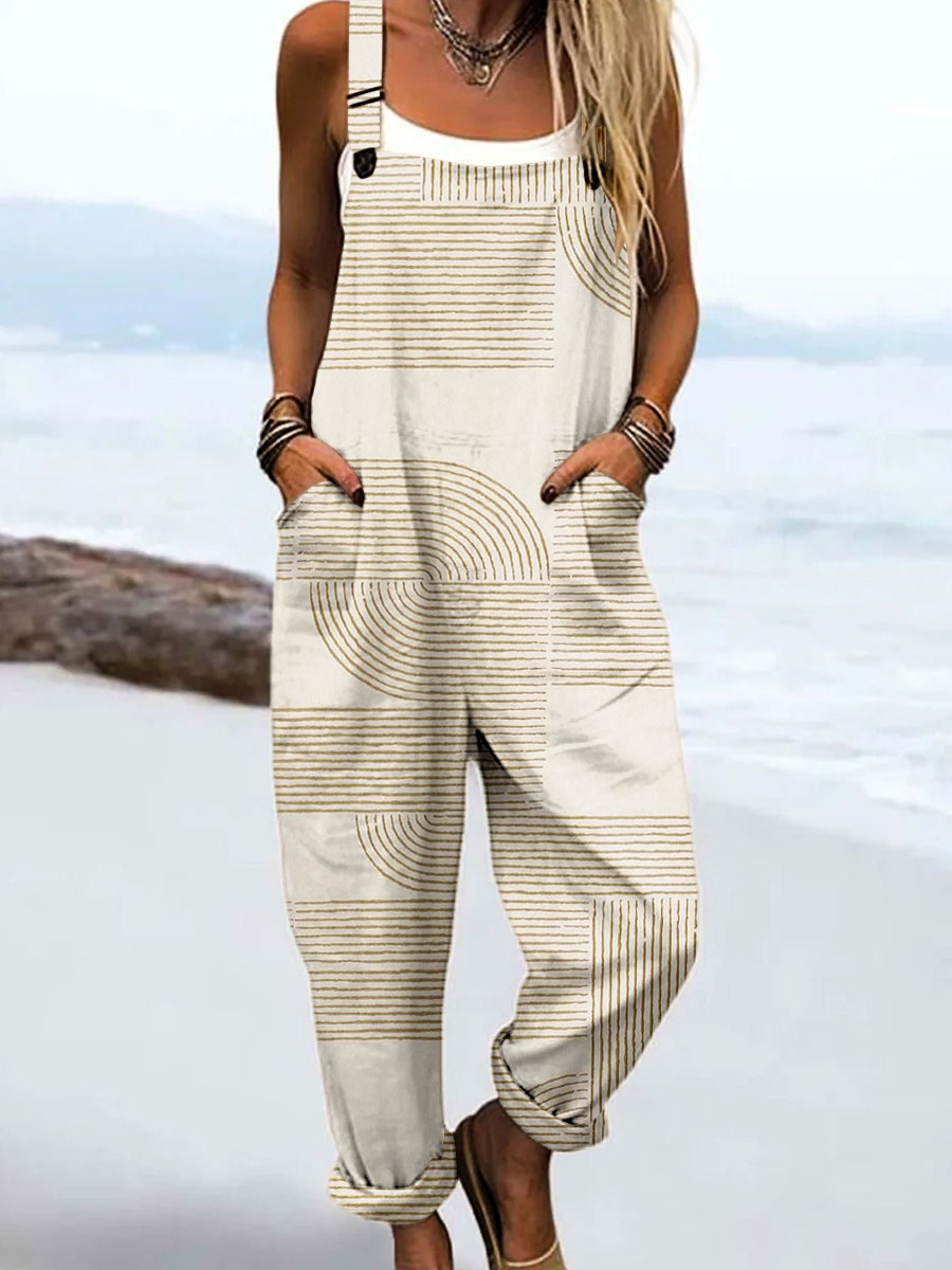 Women's Vintage Abstract Geometric Lines Print Casual 100% Cotton Wide Leg Jumpsuit