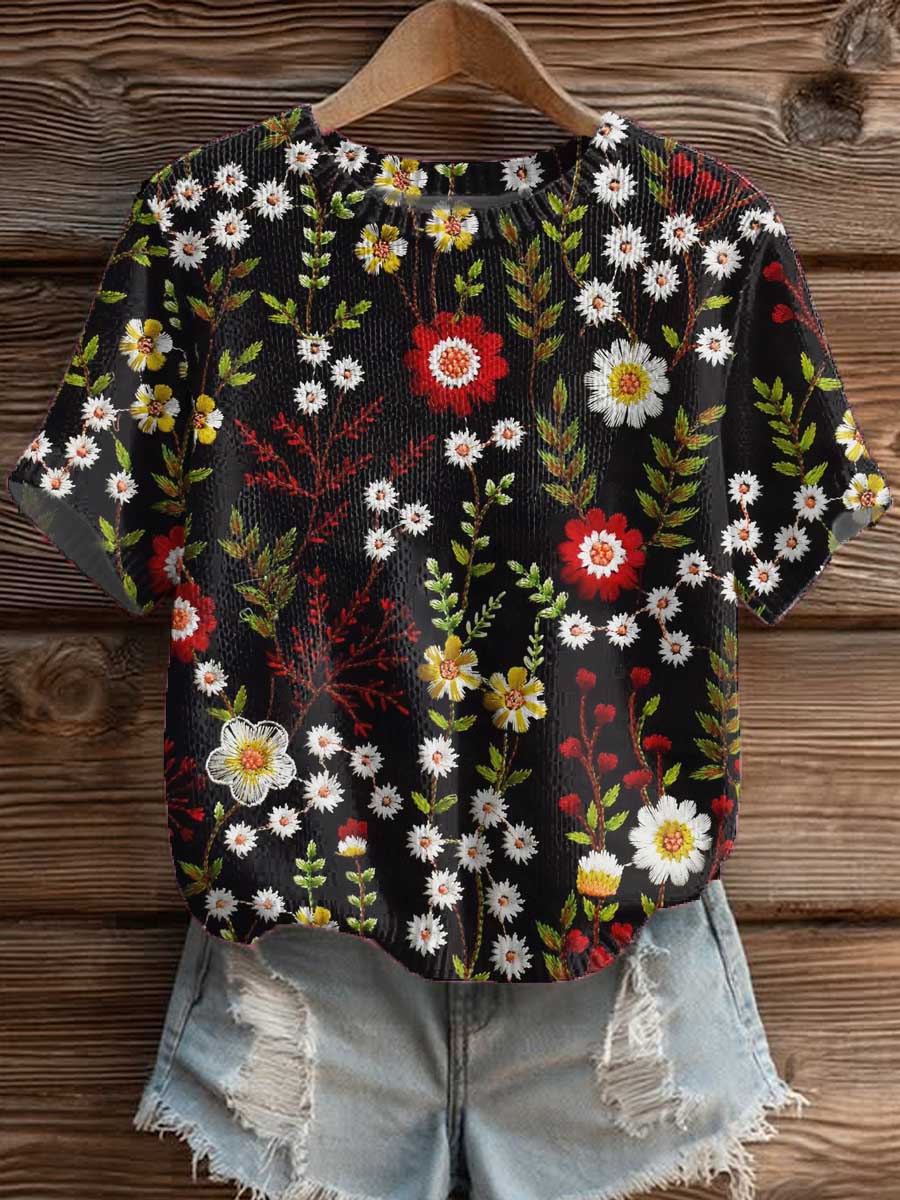 womens-floral-art-print-casual-crew-neck-short-sleeve-knitted-sweater