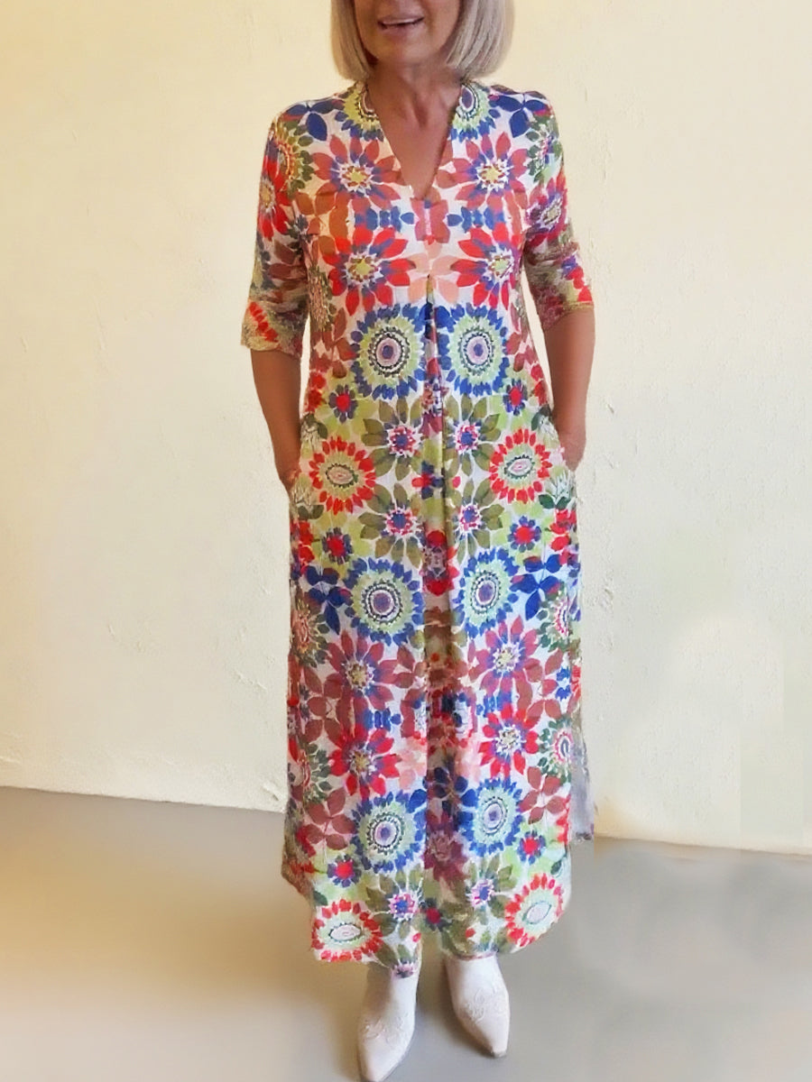 Women's V-neck Natural Pleated Floral Print Comfortable Dress