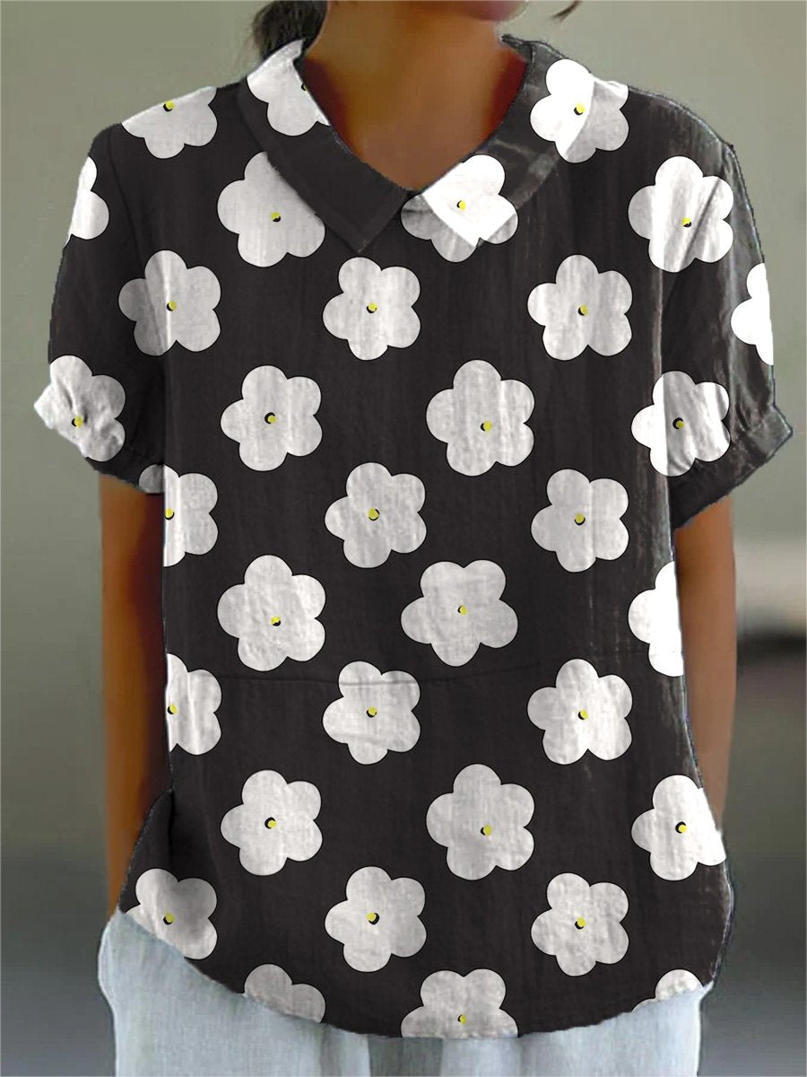 Spring Daisy Floral Pattern Printed Women's Casual Cotton And Linen Shirt
