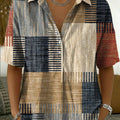 Women's Retro Color-block Printed Cotton-linen Short-sleeve Shirt