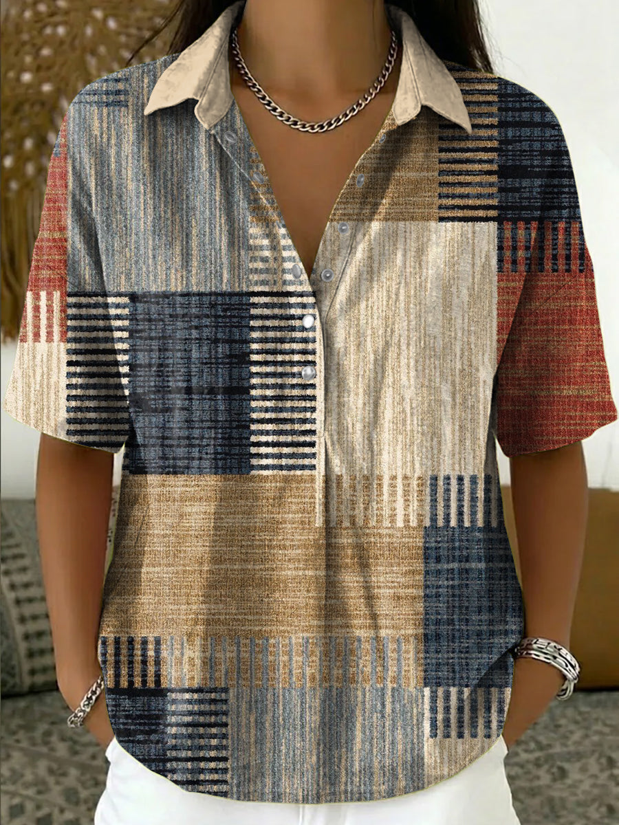 Women's Retro Color-block Printed Cotton-linen Short-sleeve Shirt