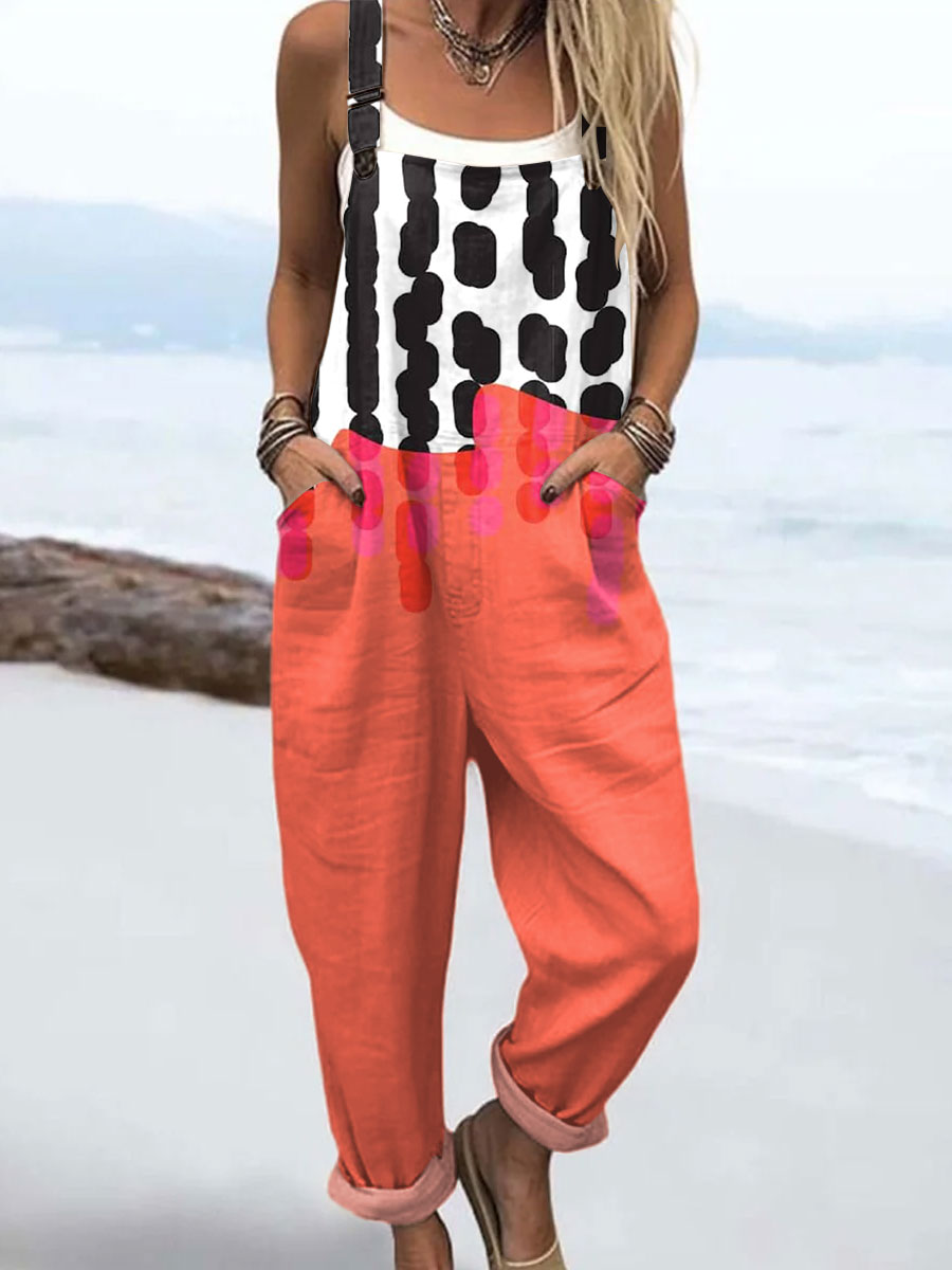 Women's  Vintage Abstract Geometric Art Print Casual 100% Cotton Wide Leg Jumpsuit