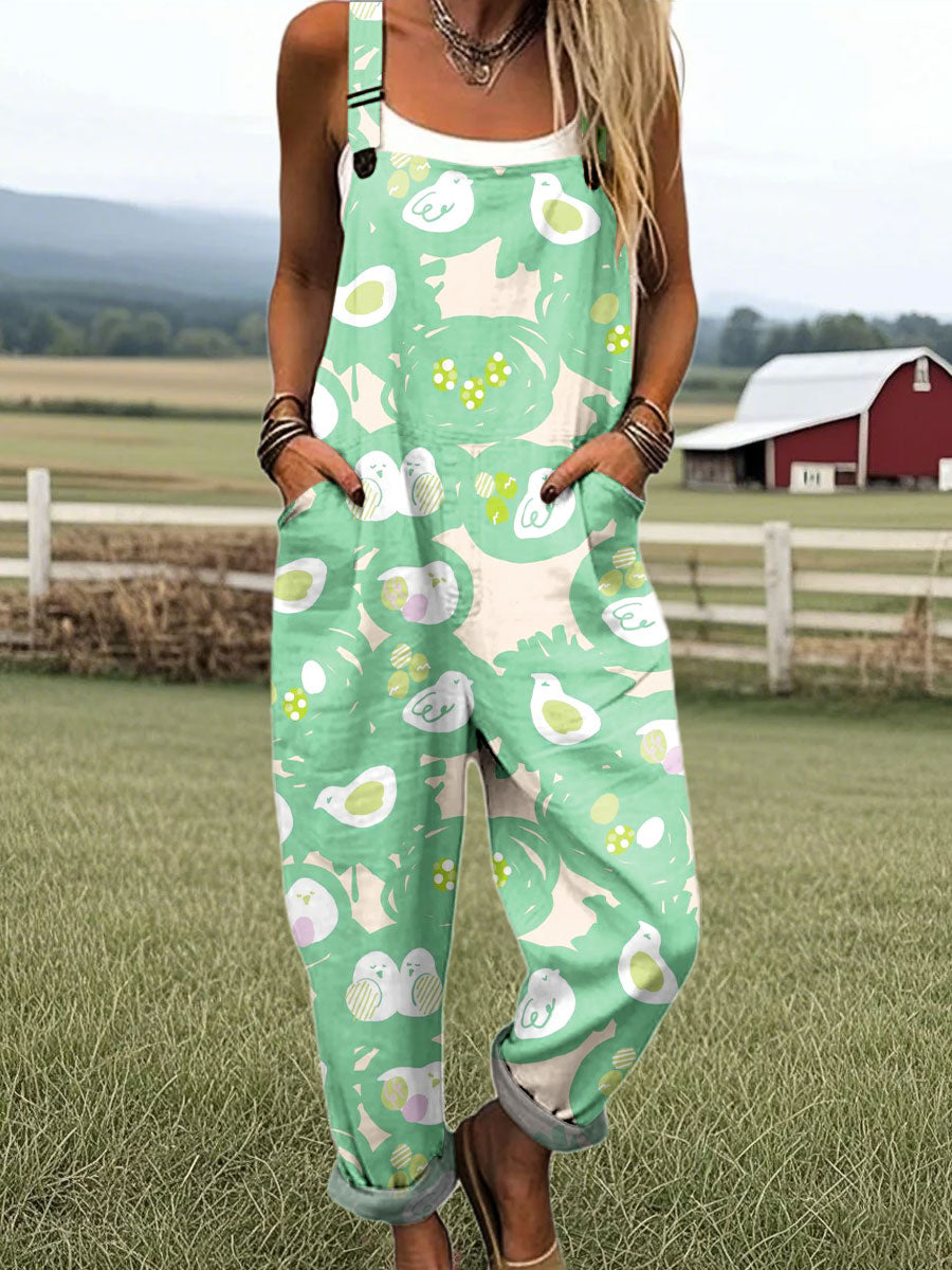 Women's Cute Bird Art Print Casual 100% Cotton Wide Leg Jumpsuit