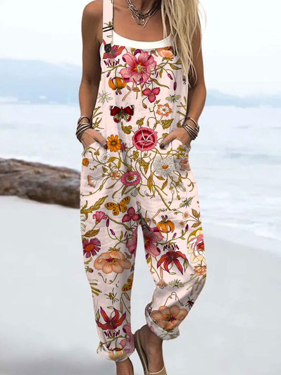 Women's  Vintage Flowers Art Print Casual 100% Cotton Wide Leg Jumpsuit