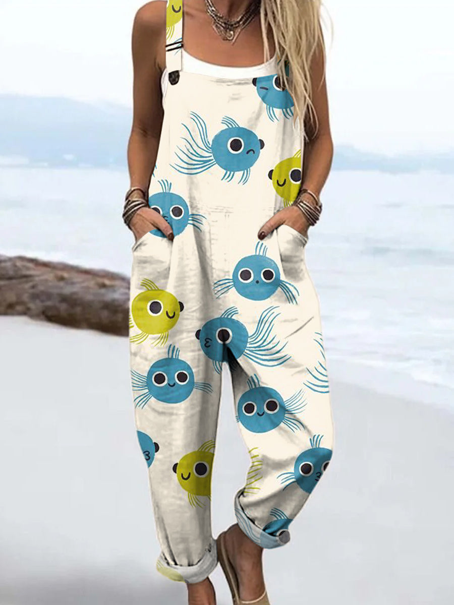 Women's Art Creative Fish Print Casual 100% Cotton Wide Leg Jumpsuit