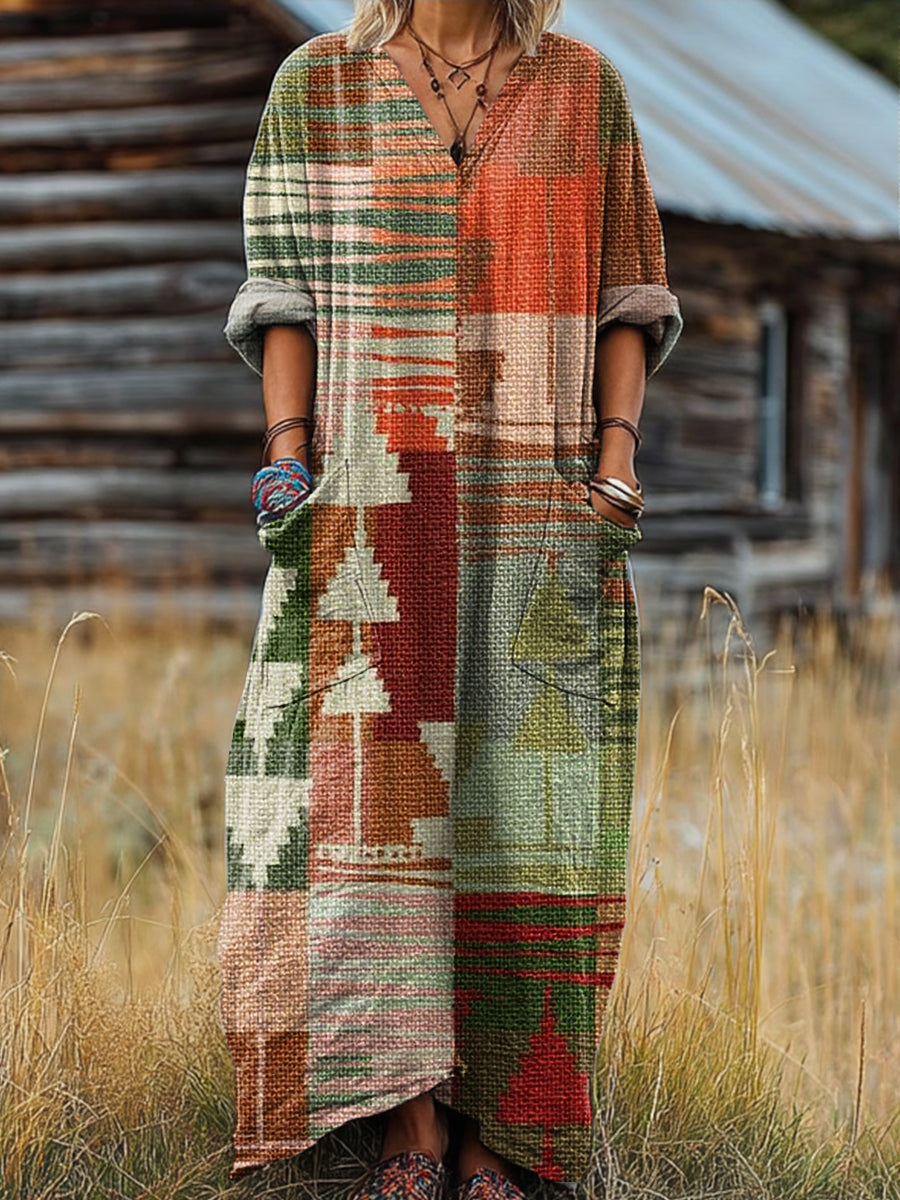 Women's Vintage Abstract Geometric Painting Art Print Pocket V-neck Cotton Dress