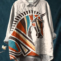 Geometric Horse Art Printed Women's Casual Cotton And Linen Shirt