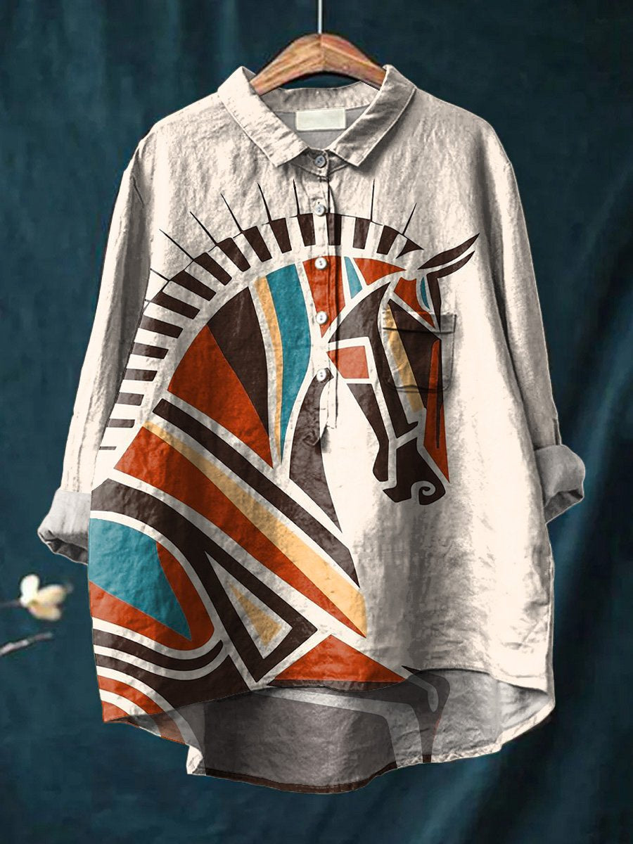 Geometric Horse Art Printed Women's Casual Cotton And Linen Shirt