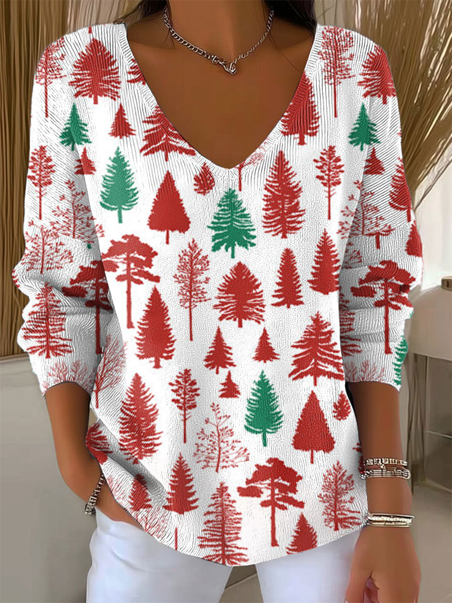Women's Vintage Christmas Tree Art Print Casual Pullover Sweater