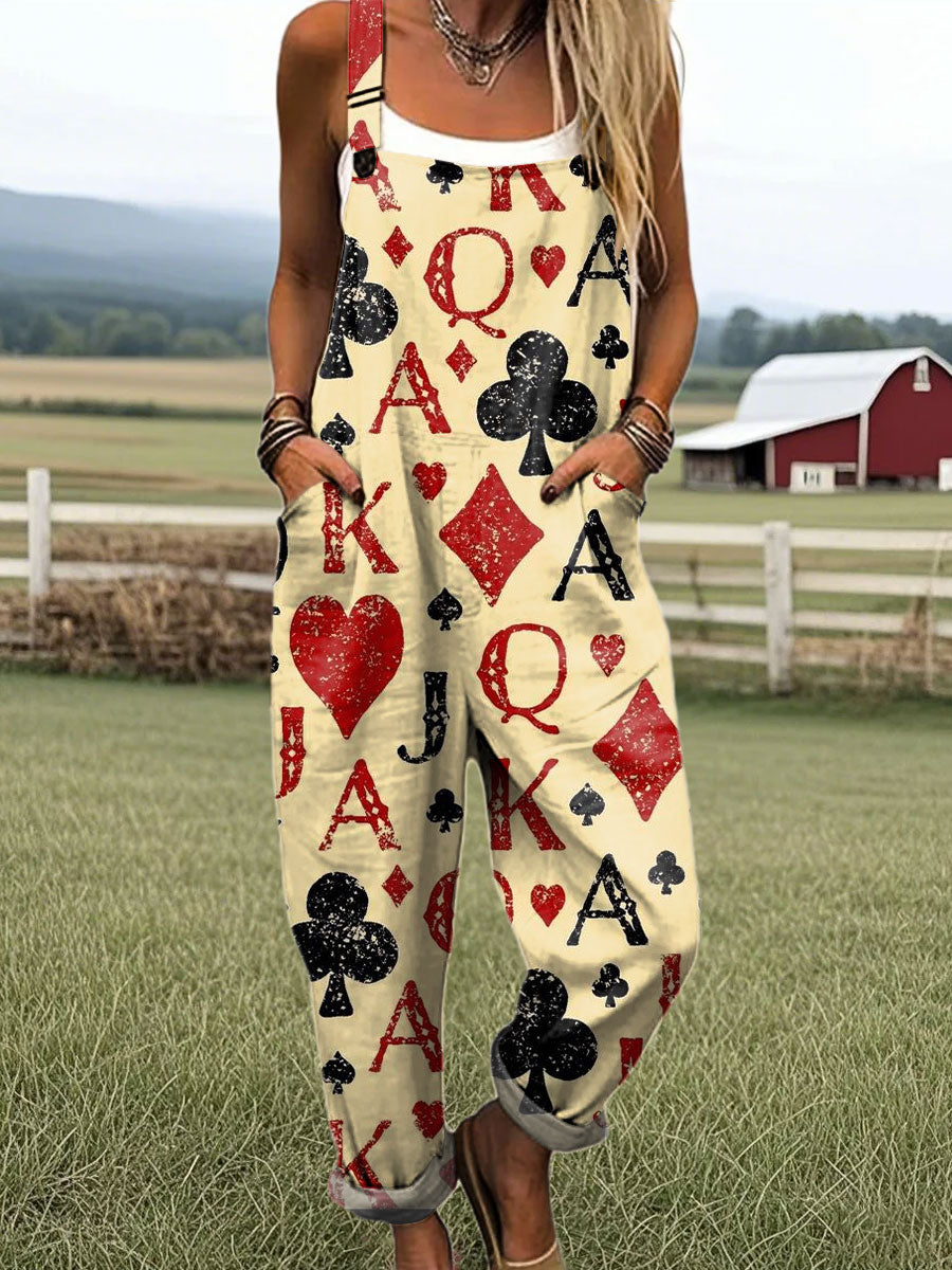 Women's Vintage Poker Art Print Casual 100% Cotton Wide Leg Jumpsuit