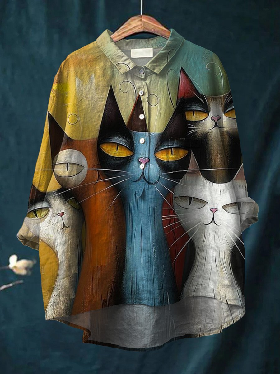 Women's Cat Art Print Casual Cotton And Linen Shirt