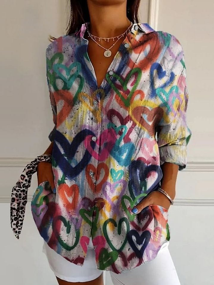 Women's Graffiti Love Print Casual Cotton Shirt