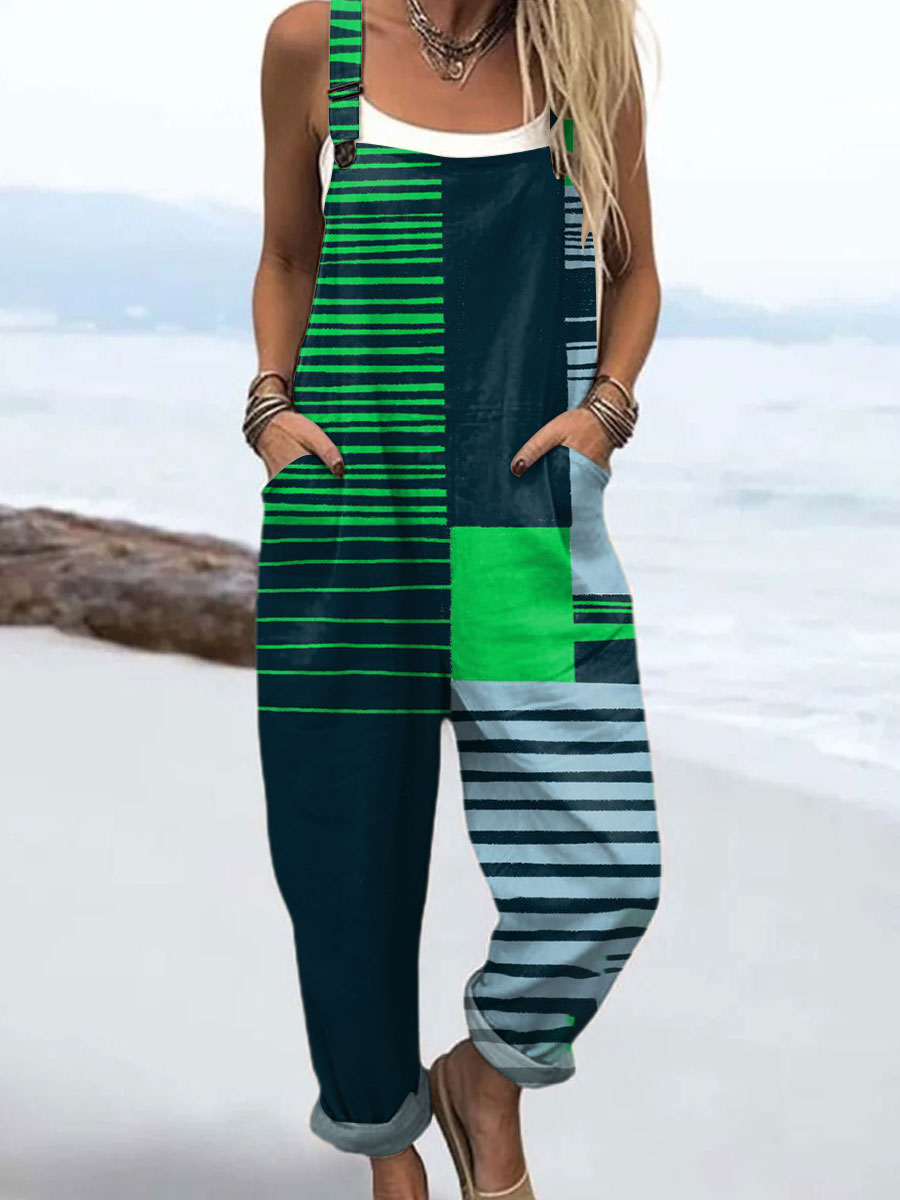 Women's  Vintage Abstract Geometric Art Print Casual 100% Cotton Wide Leg Jumpsuit