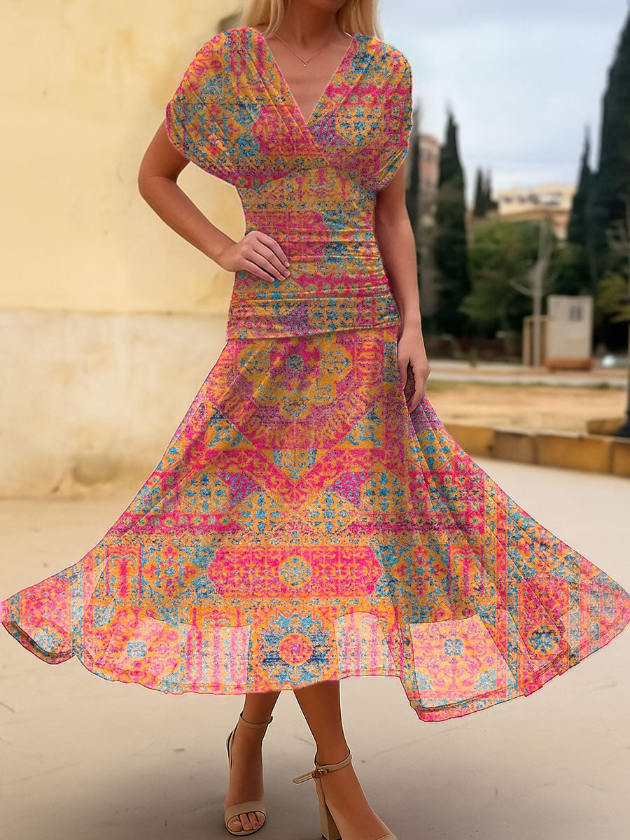 Women's Vintage Flower Art Print  Flowy Casual Dress