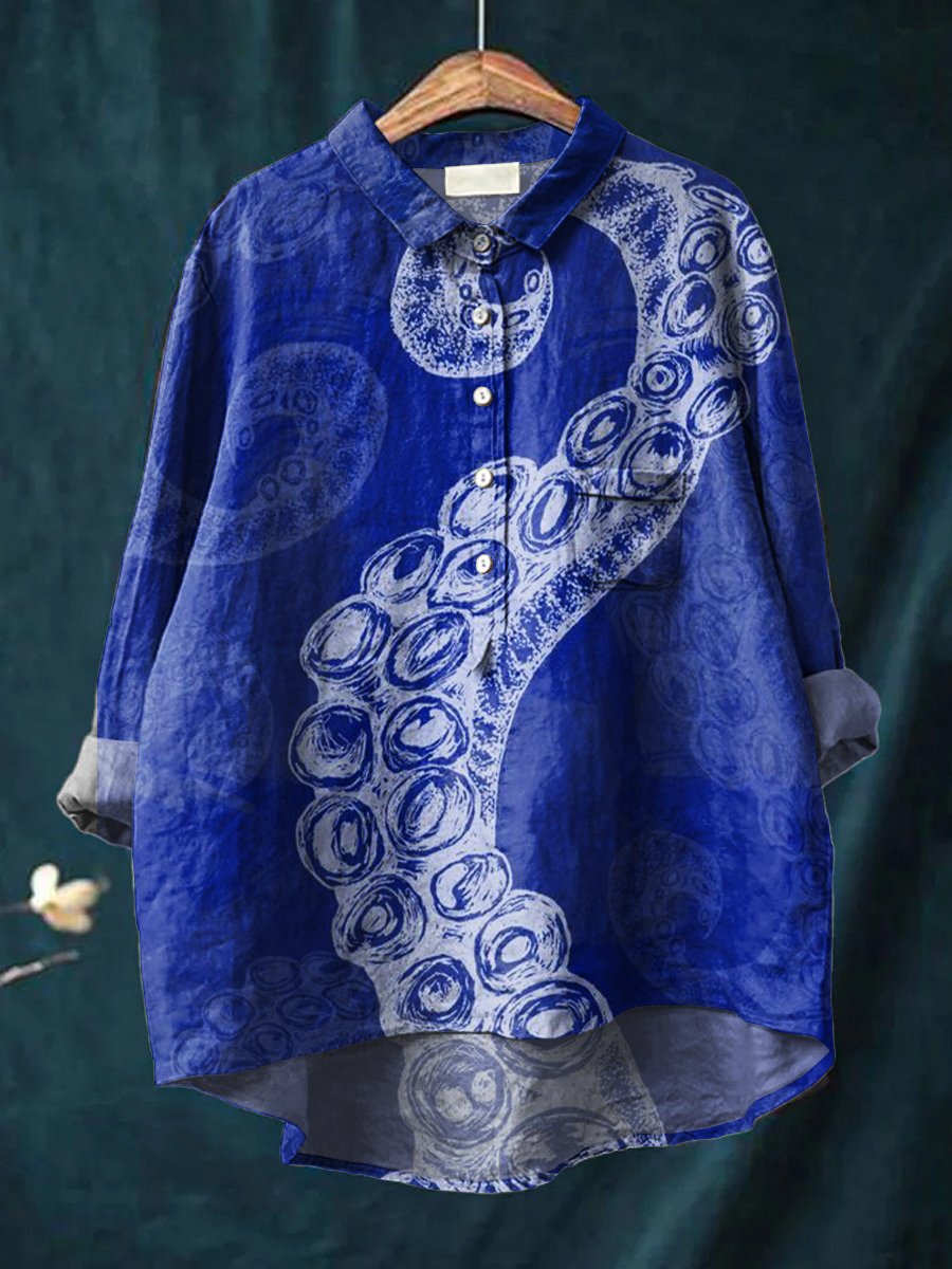 Women's Simple Blue Octopus Feet Print Casual Cotton And Linen Shirt