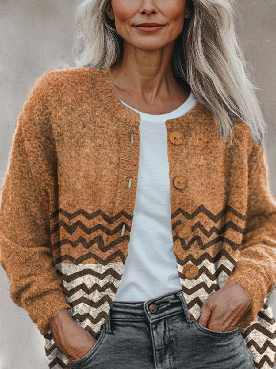 terracotta-black-waves-abstract-pattern-print-buttoned-cardigan-sweater