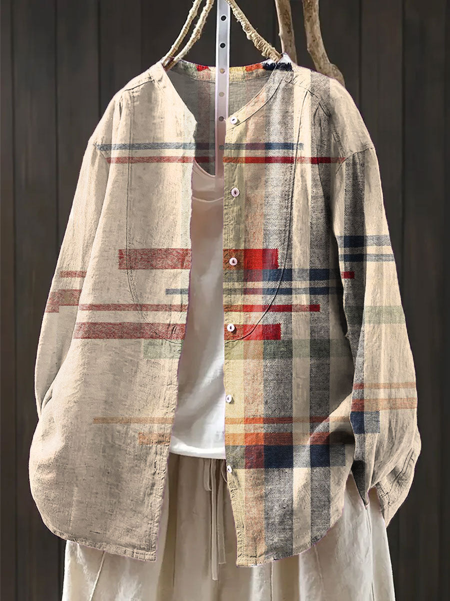 Women's Vintage  Abstract Geometry Art Print Casual Cotton And Linen Shirt