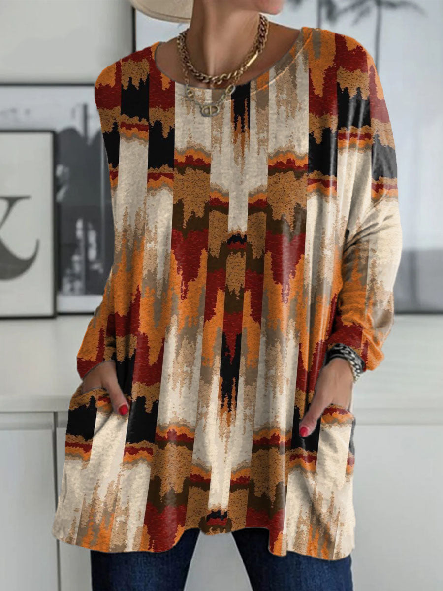 Women's Misaligned Stripes Print Casual Long Sleeve T-shirt