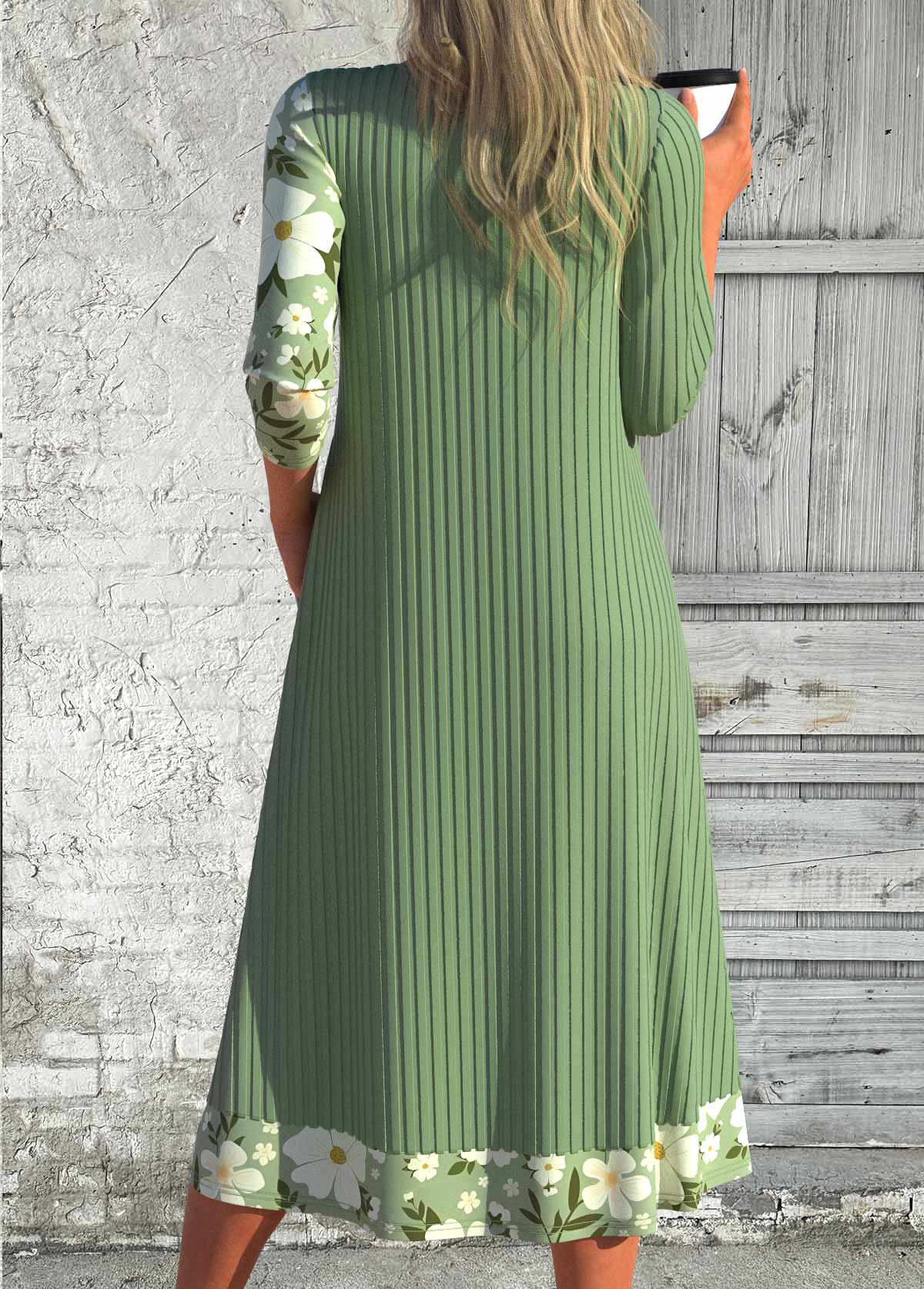Green Patchwork Floral Print Long Sleeve Scoop Neck Dress