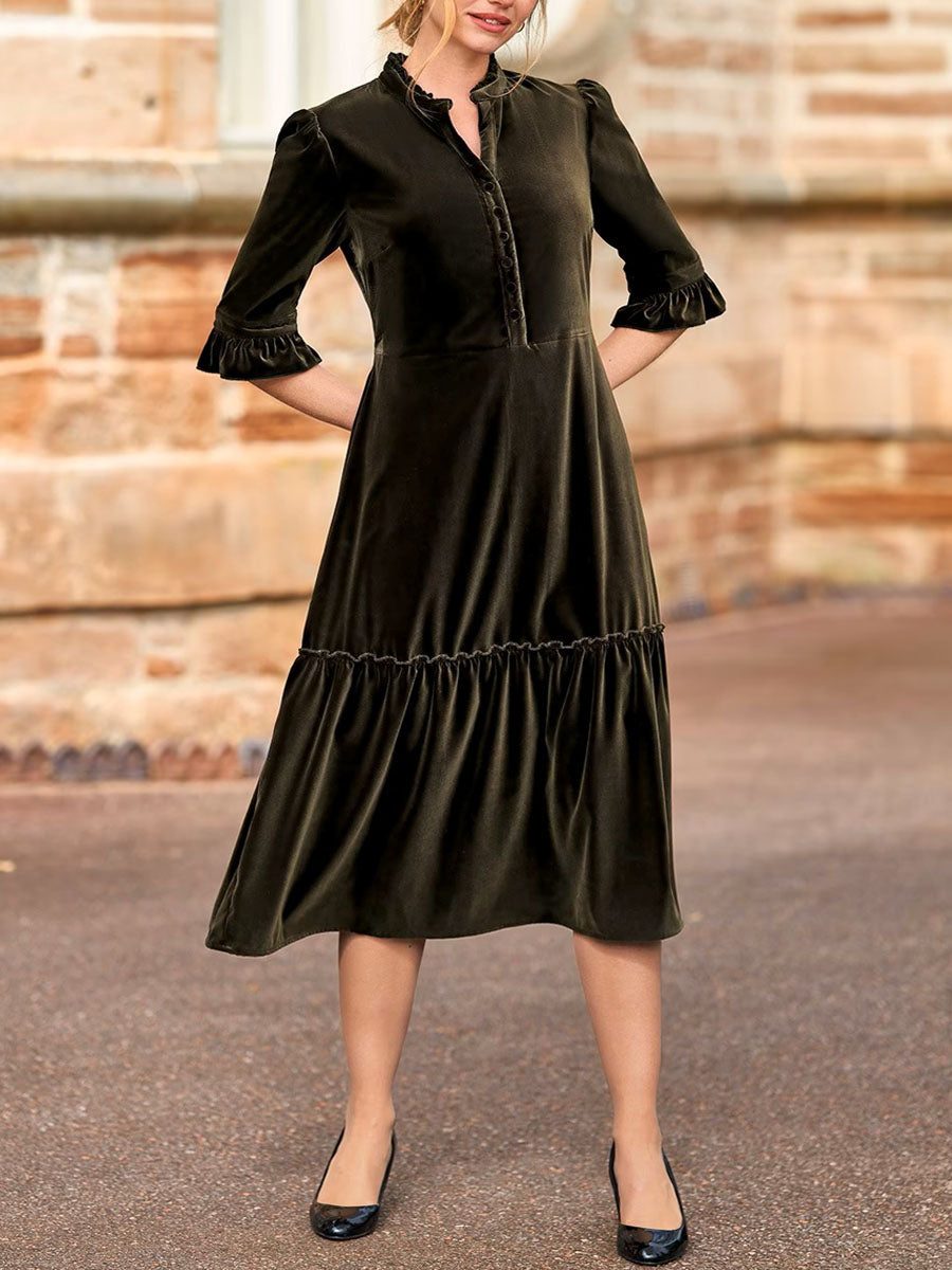 Women's Solid Color V-Neck 3/4 Sleeve Casual Loose Velvet Dress