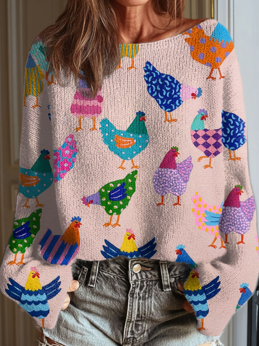 Women's Funny Chicken Art Print Casual Pullover Sweater