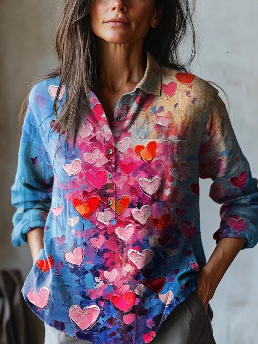 Women's Lovely Hearts Art Print Casual Cotton And Linen Shirt