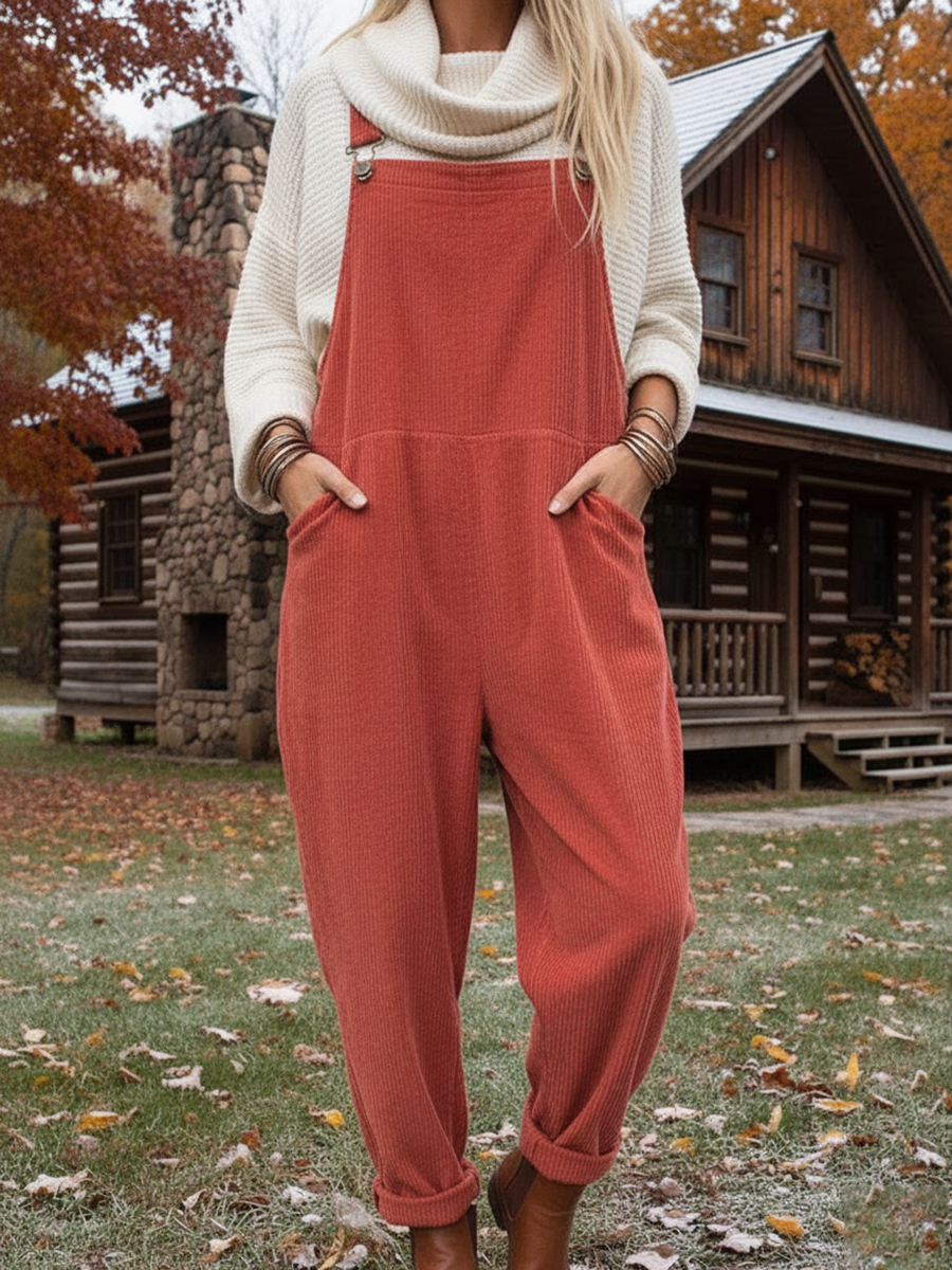 Women's Casual Solid Color Loose Corduroy Overalls Jumpsuit