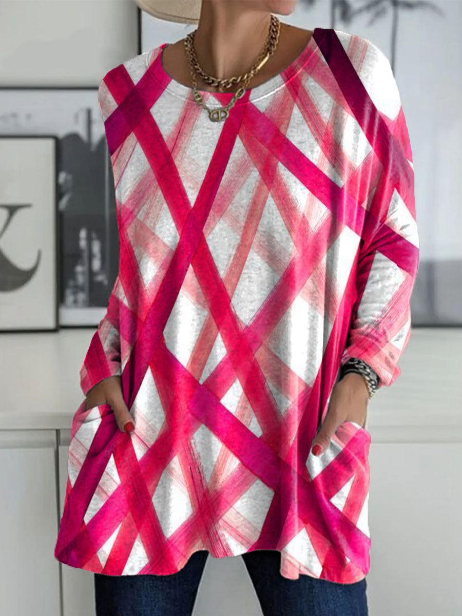 Women's Crossover Segment Print Casual Long Sleeve T-shirt