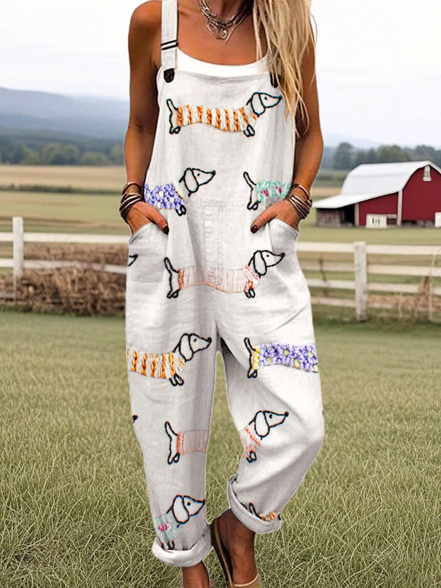 Women's Vintage Cute Dog Dachshund Print Casual 100% Cotton Wide Leg Jumpsuit